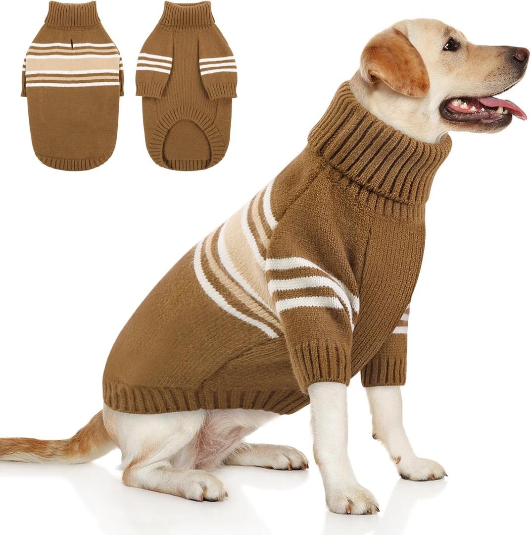 Queenmore Dog Striped Knitted Sweater, Turtleneck Pullover Pet Coat, Dog Winter Clothes with Leash Hole for Small Medium &Large Dogs(Brown,2XL)