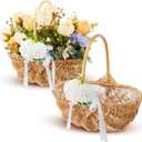LemonRoad 2 Pcs Flower Girl Basket with Handle 9.8x9.8x5.9 Inches Rustic Hand-woven Picking Storage Elegant Eggs Basket for Wedding Petal Wicker Rattan Outdoor Picnic Home Party Event Decoration