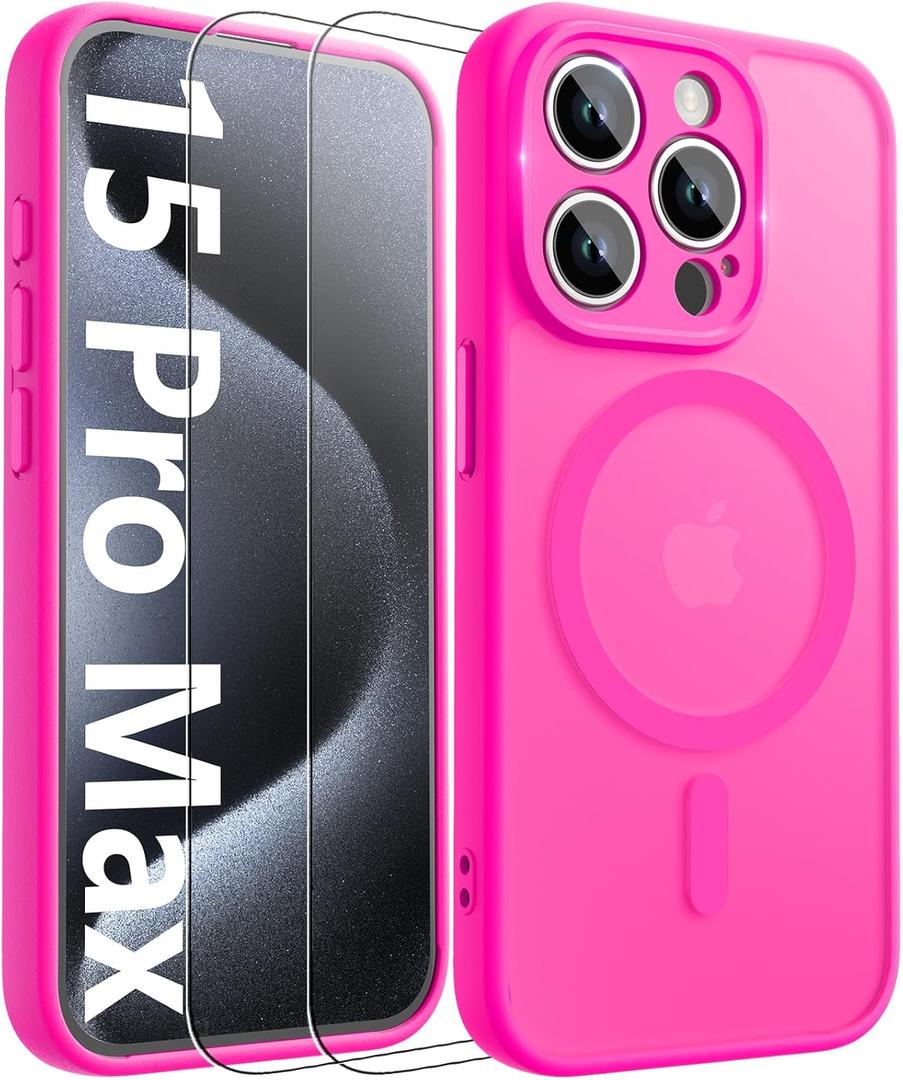 2 x Innaght Magnetic for iPhone 15 Pro Max Case[Compatible with MagSafe][Camera Protection][2+Full Coverage Tempered Glass Screen Protector][Translucent Matte] Drop Protection Phone Case,6.7",Hot Pink