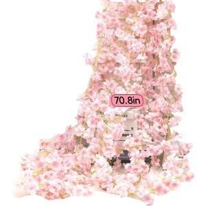 3pcs 5.91 ft Artificial Cherry Blossoms Garland Pink Fake Vines Hanging Silk Cherry Blossom Sakura Vine for Outdoor Wedding Party Home Decor