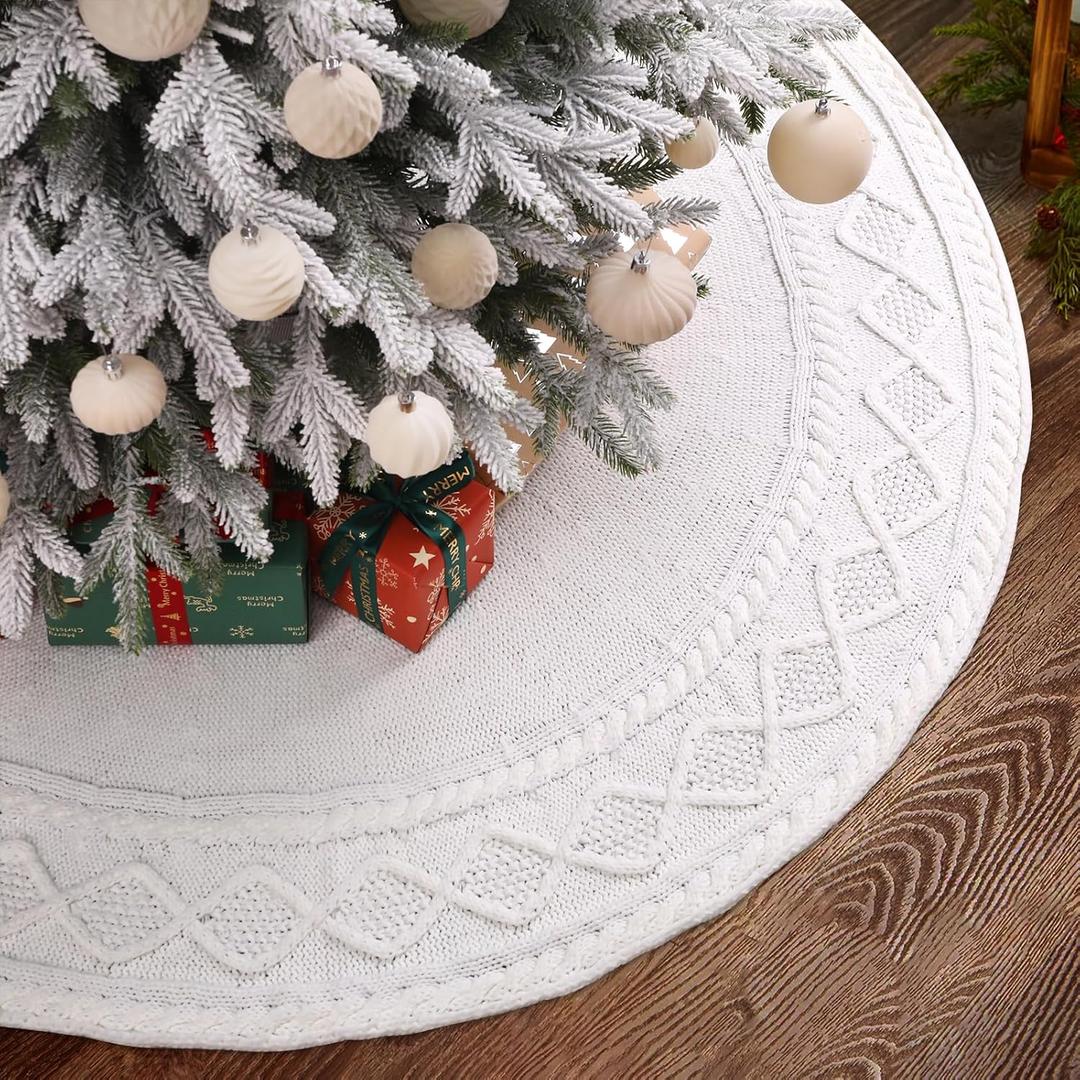 YUJUN 48 inches Christmas Knitted Tree Skirt Decorations Xmas Large White Chunky Cable Farmhouse Thick Rustic Tree Skirt for Merry Christmas Tree Holiday Home Party Decoration