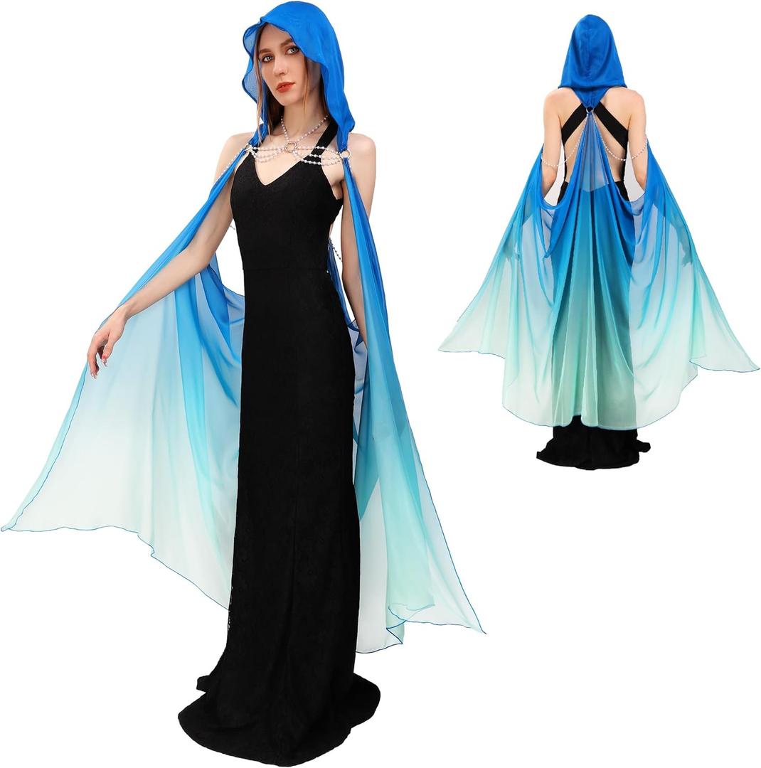 DAZCOS Women's Chiffon Fairy Hooded Cape Elf Sheer Cloak Tulle Bridal Off Shoudler Capelet (Blue)