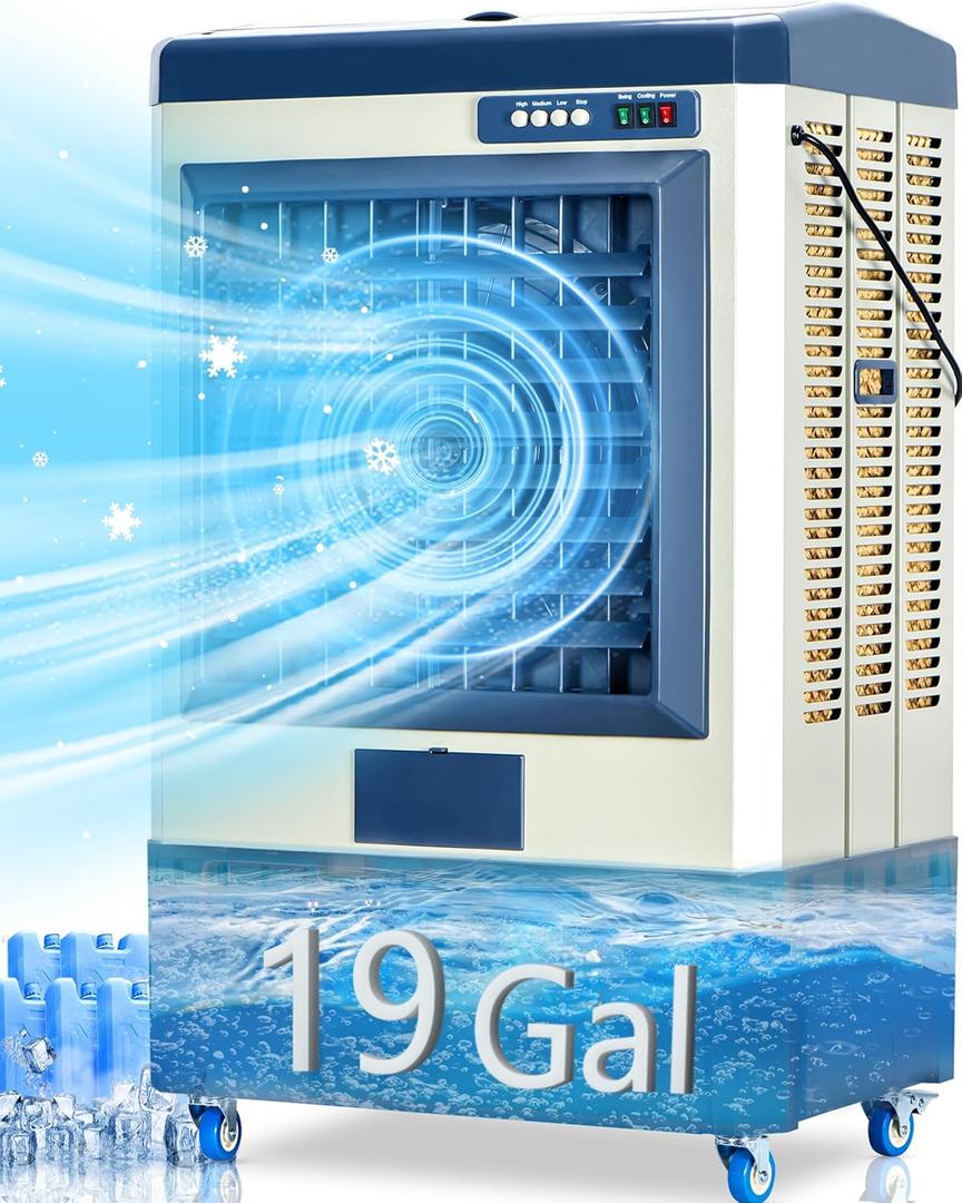 Uthfy 48" Evaporative Air Cooler, 6500 CFM Swamp Cooler with 19 Gallon WaterTank, Outdoor Air Conditioner with 5 Ice Packs, Portable Evaporative Cooler with 120 Oscillation, 3 Speeds for Outdoor Use