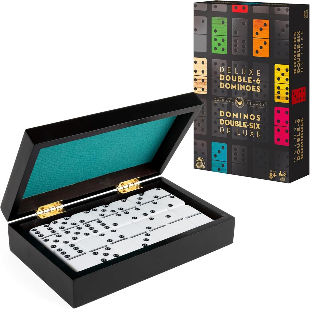 Spin Master Games, Cardinal Legacy Deluxe Double-6 Dominoes, Classic Board Game Set of 28 Dominoes in Lined Wooden Case, for Kids & Family, 1-4 Players, for Ages 8 & Up