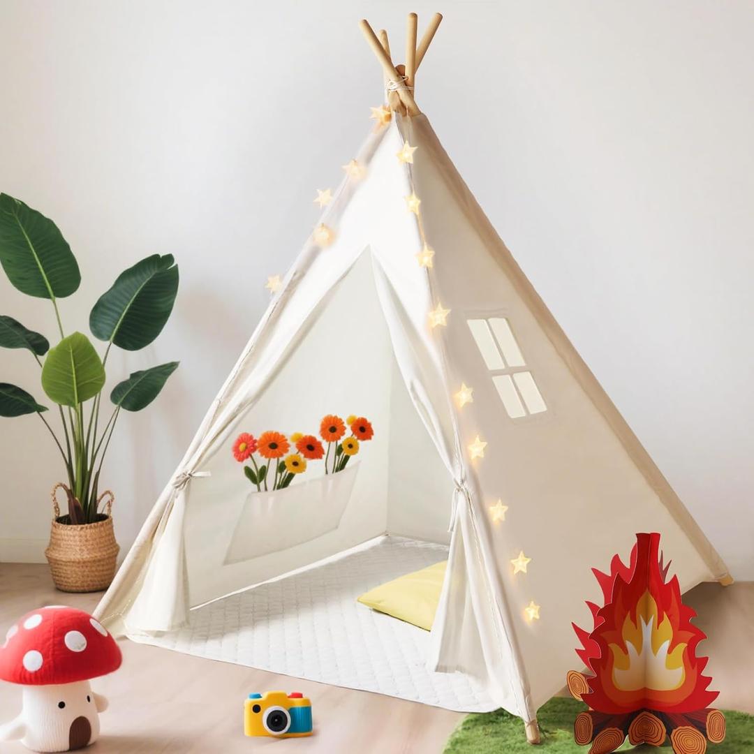 Little Dove Teepee Tent for Kids Foldable Teepee Play Tent with Carry Case, Banner, Fairy Lights, Olive Branches, Four Poles Style Raw White Color - New Version Tiny House