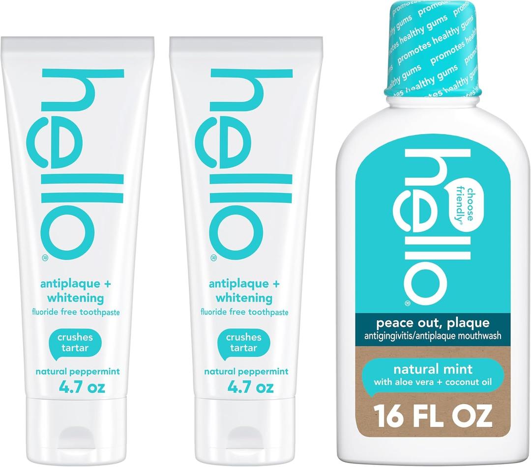 hello Antiplaque Fluoride Free Whitening Toothpaste and Peace Out Plaque Alcohol Free Mouthwash Pack, Includes Two 4.7 Oz Whitening Toothpastes and One 16 Fl Oz Fluoride Free Mouthwash