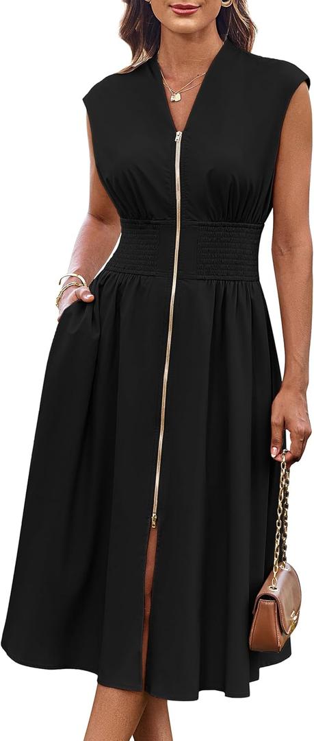 GRACE KARIN Womens Summer Casual Dress, Business Office Work Dresses, Cap Sleeve Zipper Front Flowy Midi Dress with Pockets (Large, Black)