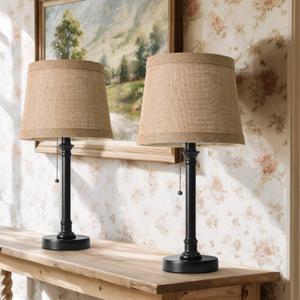 Oneach 19.5 Table Lamps Set of 2, Pull Chain Switch Bedside Table Lamps, Farmhouse Nightstand Lamp with Unique Natural Shade, Small Lamp for Living Room, Bedroom, Home Office, Nursery (Dark Browm-2Pack)