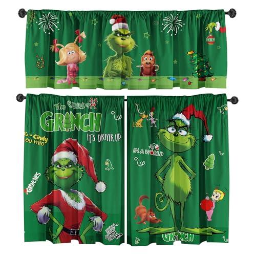 SUNWISHA Christmas Curtain Valance Set - Green Funky Whimsical Holiday Scene with Puppies/Stars/Lights - Playful Kitchen/Bedroom, 52'' L x 18'', 1 Piece
