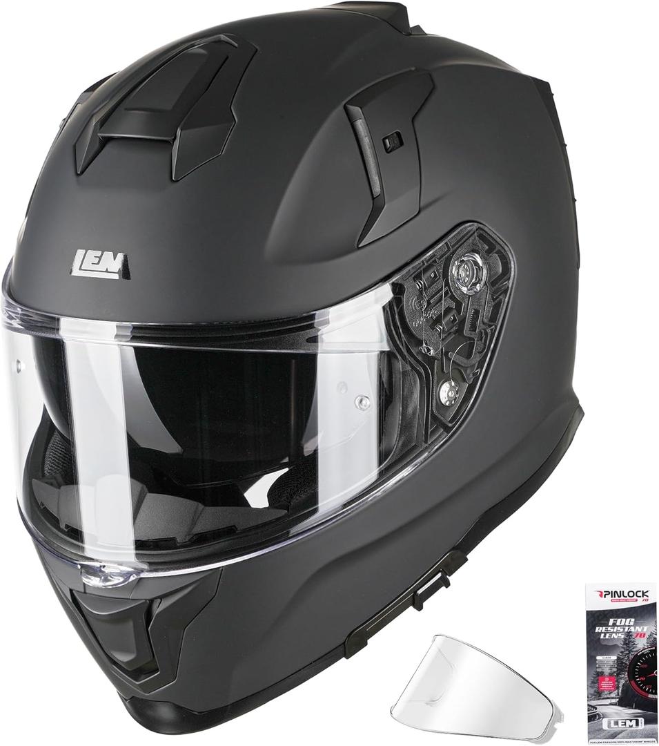 LEM Motorcycle Helmets Full Face for Men, Motorcycle Helmet for Adults, DOT Certified, PINLOCK & DVS Dual Vision, Motorcycle Street Bike Helmet, Bluetooth Speaker Pockets Matte Black XX-Large VZN FP09