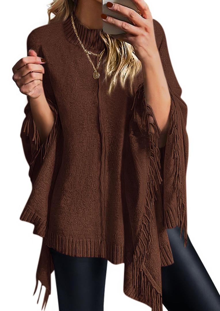 PRETTYGARDEN Women's 2025 Fall Winter Poncho Sweaters Trendy Chunky Knit Fringe Shawls Wraps Pullover Tops Holiday Outfits (Brown,Medium)