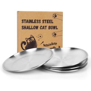 4-Pack Stainless Steel Cat Food Bowls, Shallow Whisker-Friendly Non-Slip Silicone Base Metal Dishes, Easy to Clean Indoor Feeding Flat Plates for Cat, Kitten, Small Dog (6.7")