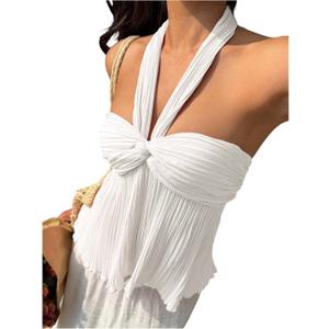 Floerns Women's Trendy Going Out Halter Tops Twist Front Halter Tops Sleeveless Pleated Backless Tank Top (Large, White)