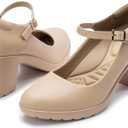 Mary Jane Heels with Arch Support, Closed Round Toe Chunky Pumps for Women, Comfortable Block Heel Dress Shoes (8.5, Nude)