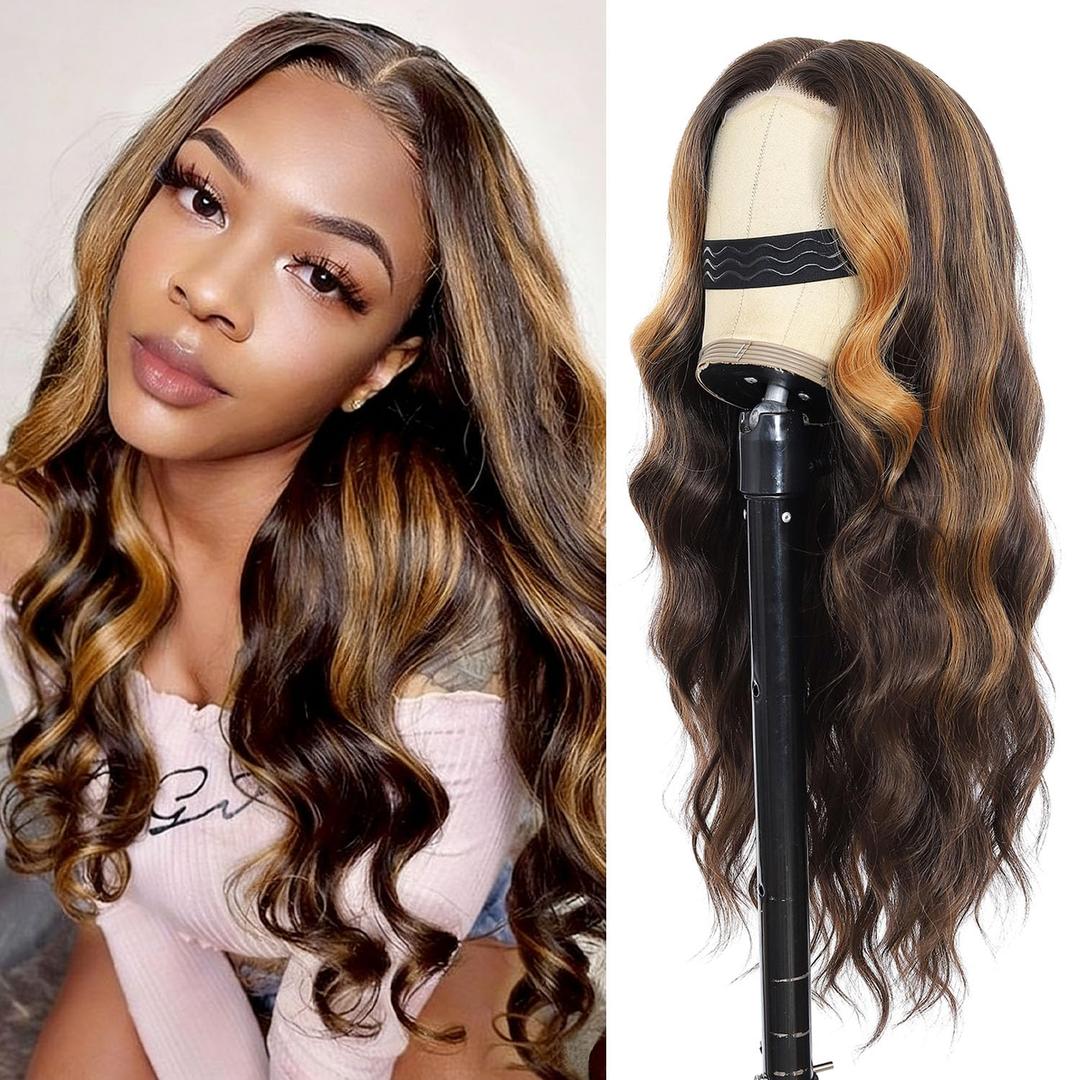 Blonde Highlight Lace Front Wig for Black Women, Long Wavy Lace Hairline Middle Part Glueless Wig Heat Resistant Synthetic Wigs for Daily Party Use - 24 Inch
