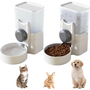 Hanging Automatic Pet Feeder Water Dispenser Set, 35oz Rabbit Food Bowl Water Bottle Cage-Mounted Gravity Hanging Feeder for Small Pets Rabbits Ferrets Cats Dogs Guinea Pigs (Grey)