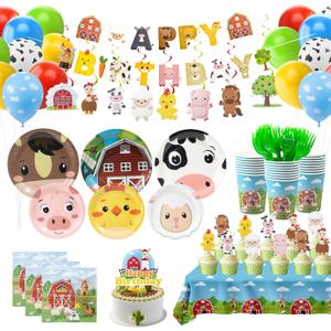 Farm Animals Birthday Decorations,161pcs Party Decorations Include Tablecloth,Plate and Napkin,Cup,Fork,Banner,Balloon,Cake Topper,Hanging Swirls, Farm Animals Themed Party Decorations Serve 24