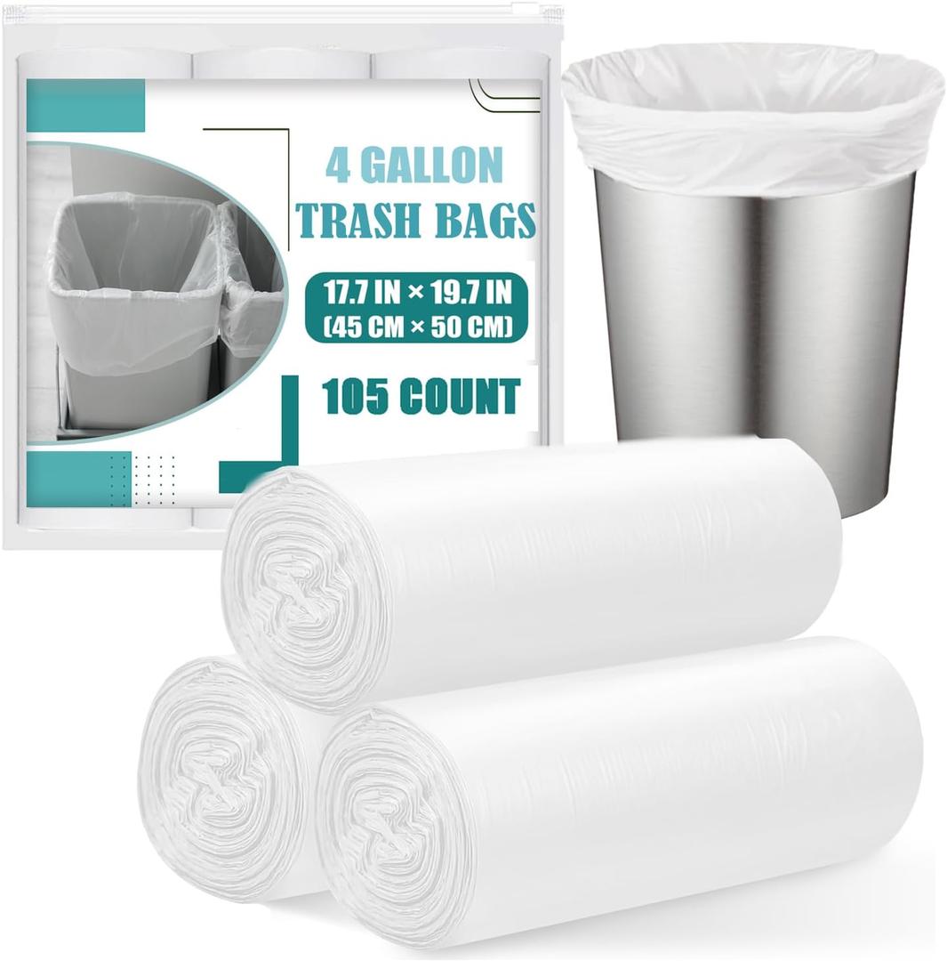 Small Trash Bags 4 Gallon - 105 Count 4 Gallon Trash Bag, Unscented Small Garbage Bags Bathroom Trash Bags, White 4 Gal Small Trash Can Liners