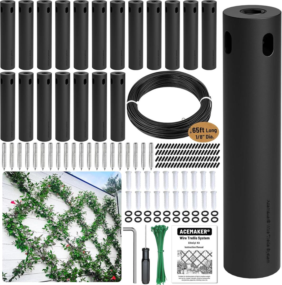 Wire Trellis for Climbing Plants Outdoor, 20-Set Black ABS Plastic Wall Wire Trellis Kit with 1/8" x 65ft Vinyl Coated Cable, Stainless Steel Cable Espalier System for Garden Fence