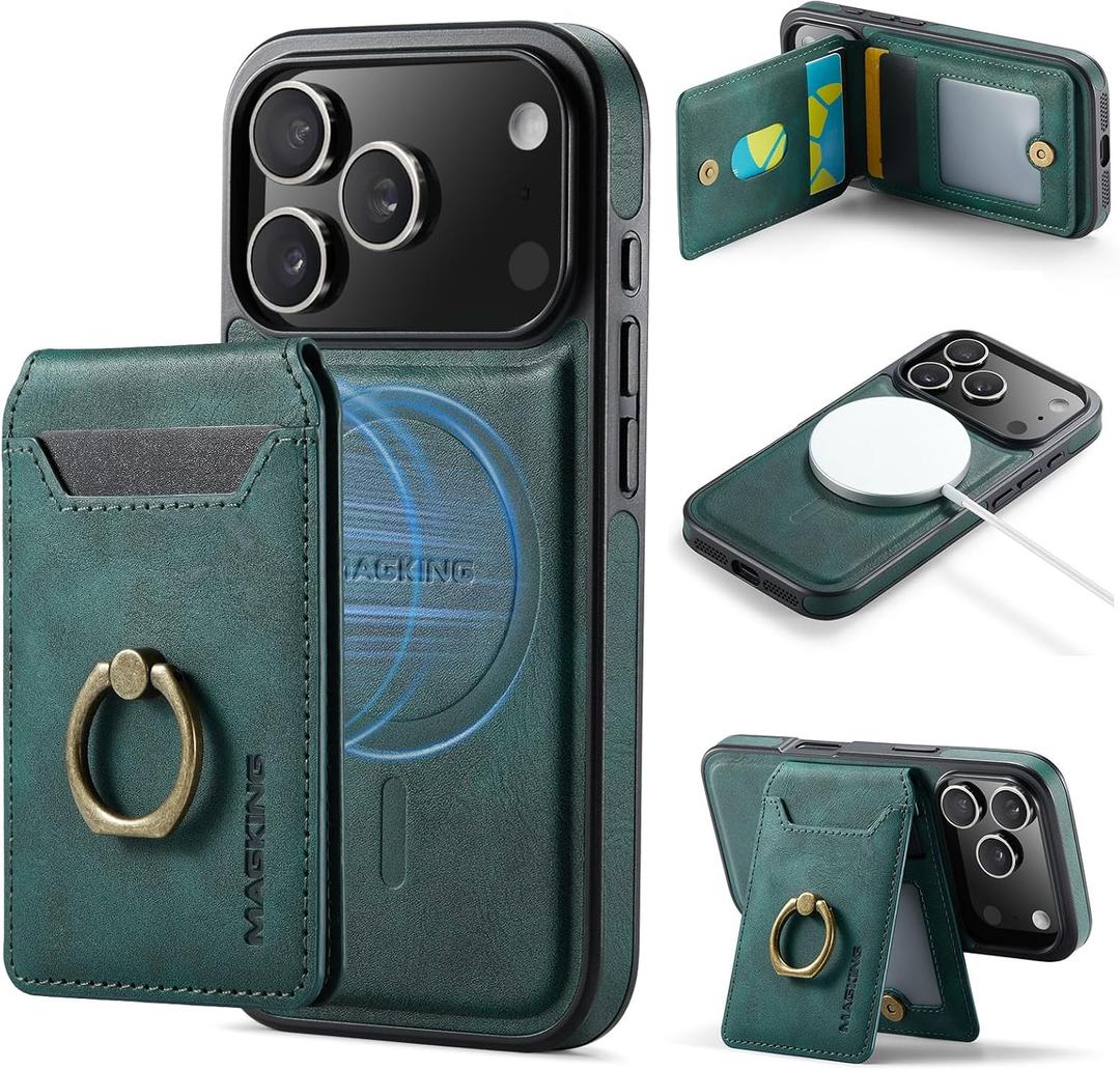 Wallet Case for iPhone 17 Pro, 2 in 1 Strong Magnetic Detachable, Shockproof Phone Case Compatible with MagSafe, Slim Leather Wallet RFID Blocking 5-Card Holder Ring Grip Stand (Green)