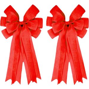 Double Pack 20X10 Inch Oversized Red Burlap Bows Farmhouse Christmas Tree Topper & All-Weather Wreaths Decor, Heavy Duty Gift Wrapping Accents for Front Door/Cabinet (Red)