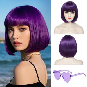 Short Bob Wig with Bangs Straight Purple Wigs for Women Colored Costume Wigs for Girl Shoulder Length Synthetic Cosplay Wig (Wig and Sunglasses)