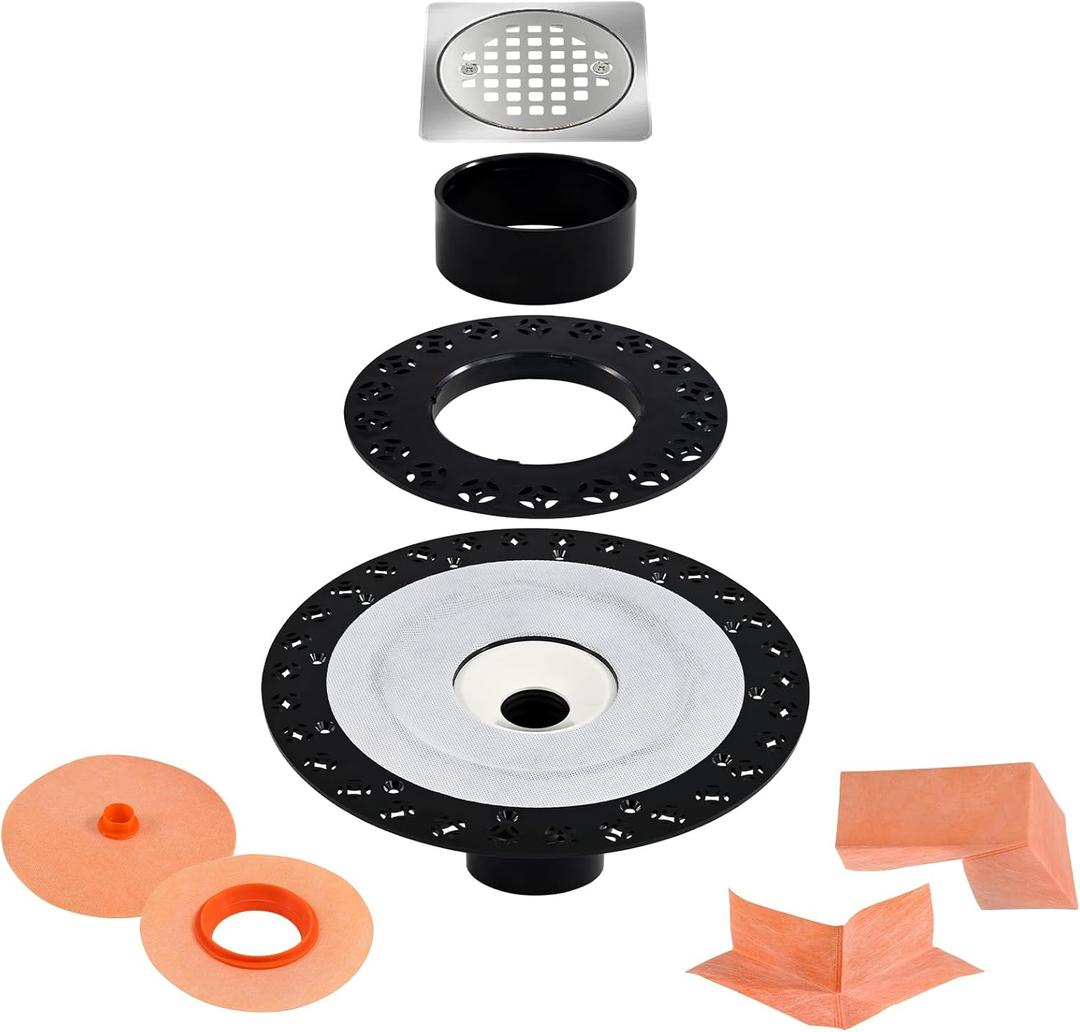 4 Inch Shower Drain Flange Kit Compatible with Schluter Kerdi Systems Shower Drain with Flange, Shower Floor Drain Kit, 304 Stainless Steel Grate & 2" ABS Flanges, Sliver Color
