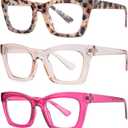 Bullabulling 3 pack Oprah style Spring hinge Readers Blue Light Blocking Computer Square Reading Glasses for Women Men (Flowers/Tea/Rose)