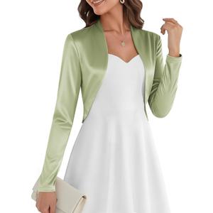 Belle Poque Women Long Sleeve Bolero Shrug Open Front Satin Jacket Ruffled Shrugs for Evening Dresses Formal (X-Large, Light Green)