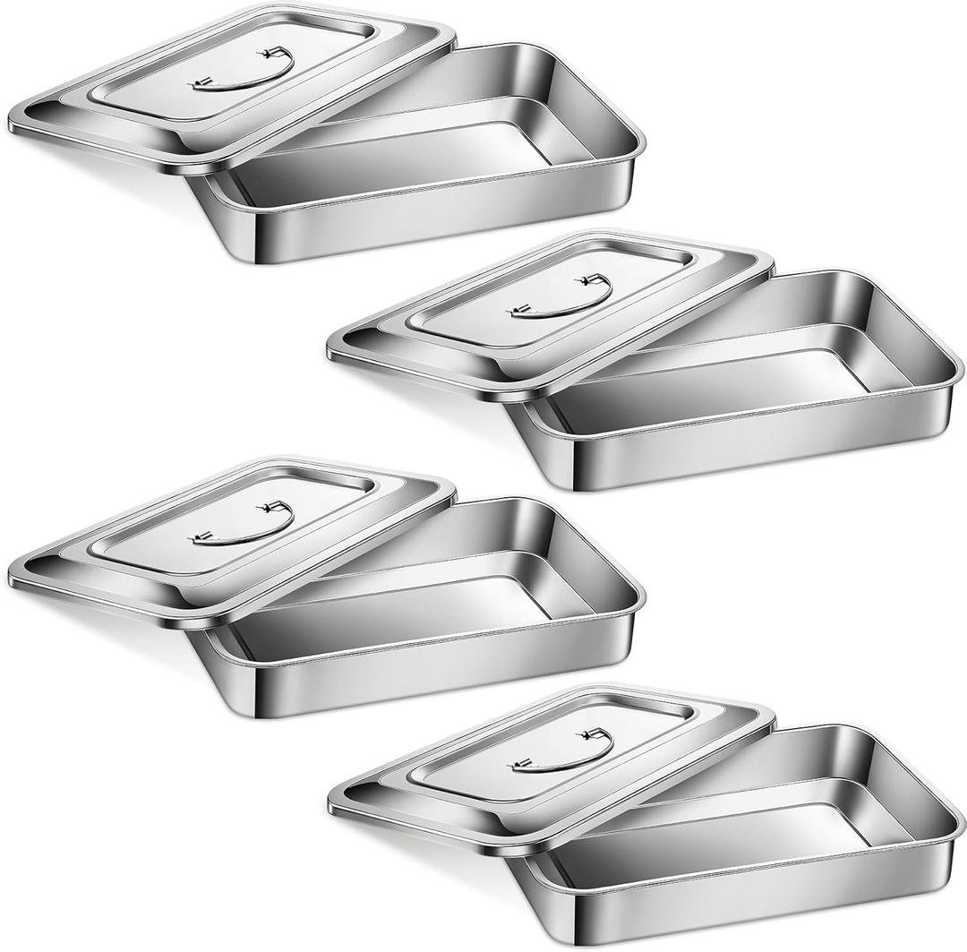 Fabbay 4 Medical Surgical Trays 201 Stainless Steel Dental Instruments Tray Organizer Holder Sterilized Metal Box with Lid and Handle Grip for Medical Surgical Dental Instruments (9 Inch)