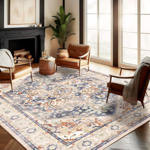 Washable Area Rug 8'x10' Blue Khaki Retro Boho Design Non-Shedding Non-Slip Easy Care Ideal for High Traffic Areas in Living Room Bedroom Office Coffee Table Kitchen Large Carpet