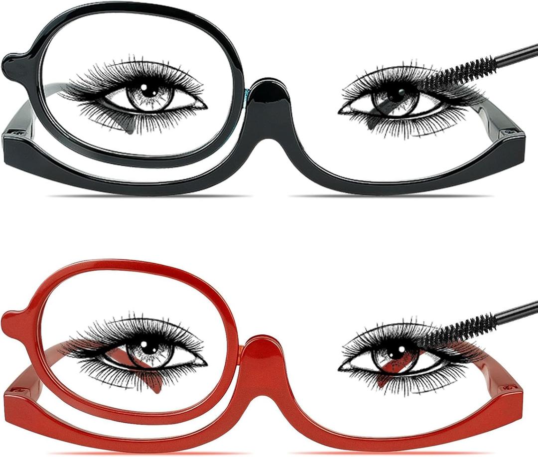 2 Pack Makeup Reading Glasses for Women Magnifying Flip Down Cosmetic Readers with Spring Hinge (Black+red)