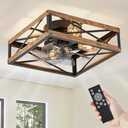LEDIARY Caged Low Profile Ceiling Fans with Lights and Remote, Rustic Square Flush Mount Ceiling Fan, 6 Speed and Reversible, Small Farmhouse Bladeless Ceiling Fan for Bedroom, Kitchen, Dining Room