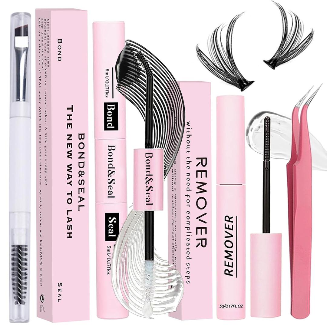Lash Bond and Seal Kit 4 Pcs DIY Lash Extension with Waterproof Lash Cluster Glue 72h Hold and Seal Lash Remover Tweezers Portable Eyelash Brush with Cap for Eyelash Extensions Beginners