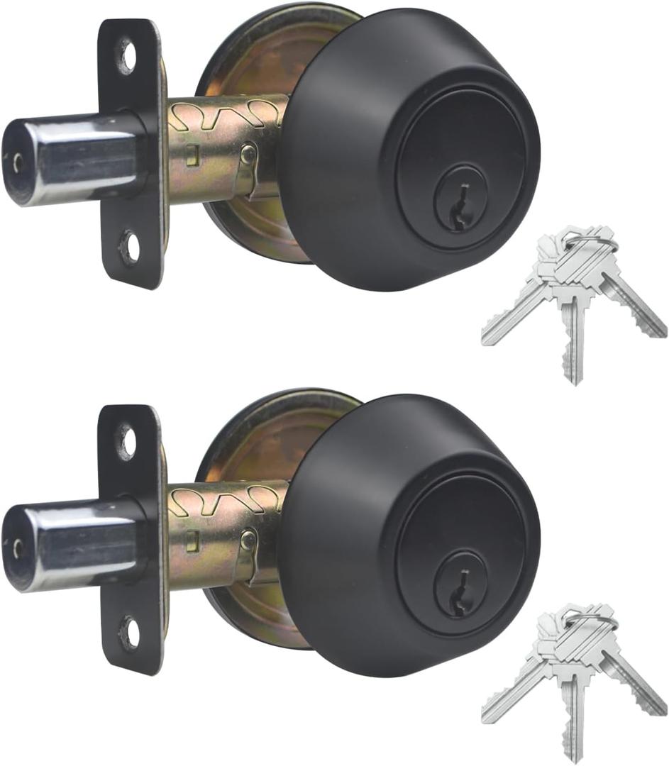 1 Side Keyed Deadbolt Lock,Single Cylinder Dead Bolt, Matte Black Round Exterior Keyed Front Entry Inside Door Deadbolt, 2 Pack