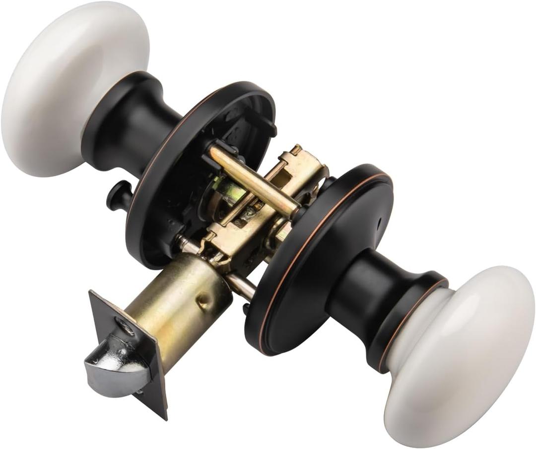 NCL White Door Knobs, Oil Rub Bronze Keyless Door Handles, Porcelain Door Levers, Interior Bath Door Knob (Aged Bronze Black)