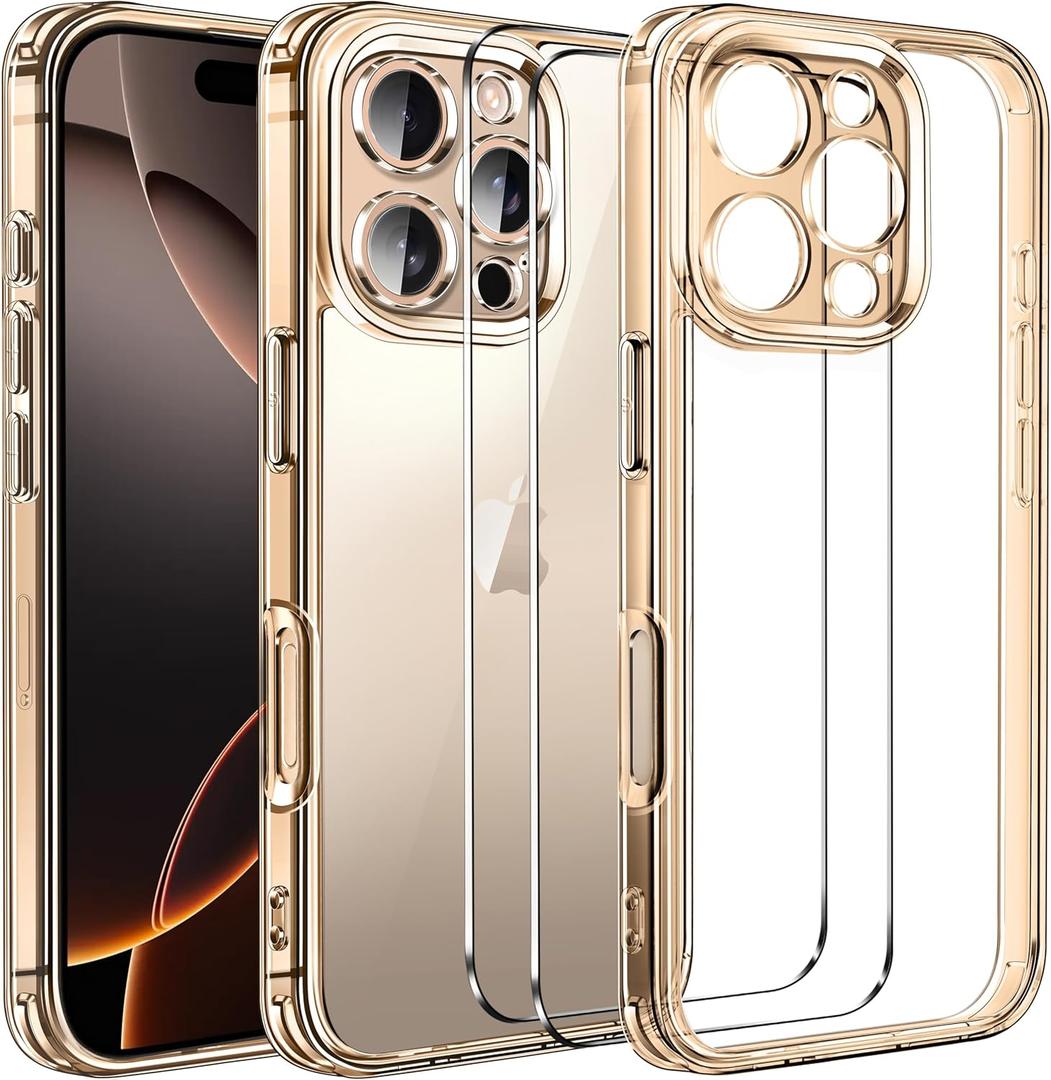 ivoler 3-in-1 Clear Case Designed for iPhone 16 Pro 6.3'' 2024 with 2 Pack Tempered Glass Screen Protector Military Shockproof Protective Hard Back Slim Phone Cover- Gold
