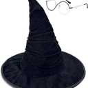 Pmnoyal Elphaba Glasses Hat Gloves West Bad Wizard Cosplay Accessories Green Costumes Halloween Carnival Party Props Set (Black)