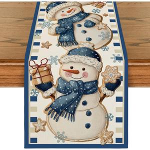 Artoid Mode Blue Snowman Xmas Gift Snowflake 210 GSM Winter Table Runner, Seasonal Christmas Kitchen Dining Table Decoration for Home Party Decor 13x72 Inch
