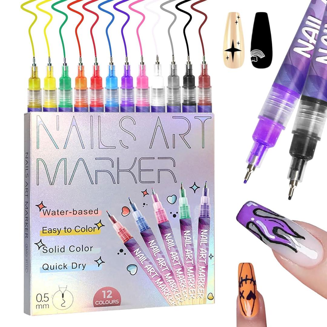 12 Color Nail Art Pens, 0.5 MM Nail Polish Pens Set Drawing Painting Point Liner Acrylic Painted Pen Kit, Waterproof and Quick-drying Nail for DIY Nails Art Design Manicure Tools