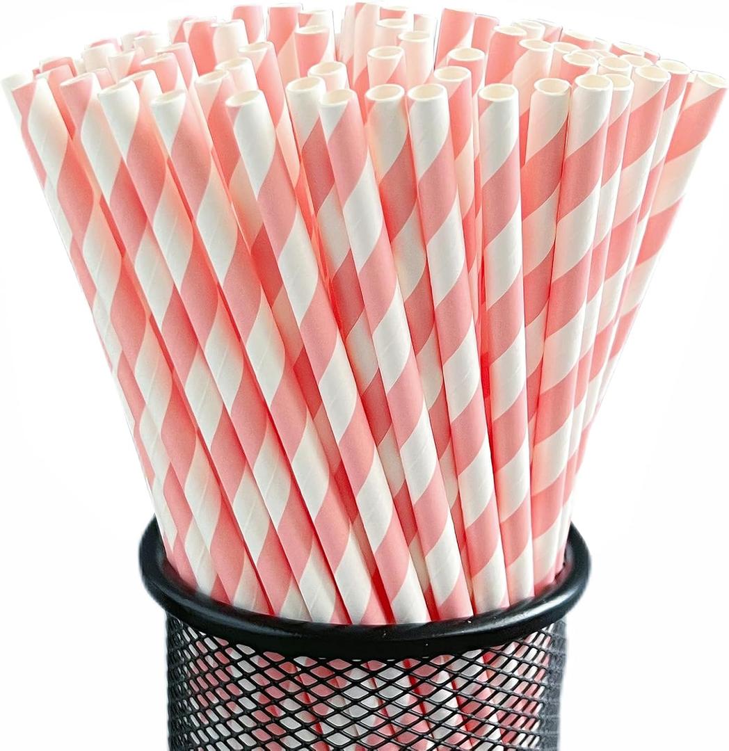 2 x YAOSHENG Paper Straws for drinking, 100 Pack Striped paper straws for Party Supplies,Birthday,Wedding,Bridal/Baby Shower,Juice, shakes,Smoothies,cocktail (Pink)