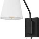 Globe Electric 65000043 1-Light Plug-in or Hardwire Wall Sconce, Matte Black, White Fabric Shade, Swing Arm, 6ft Black Braided Fabric Cord, On/Off Pull Chain, Wall Lights for Living Room, Home Dcor
