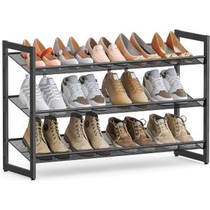 SONGMICS Shoe Rack, 3-Tier Shoe Organizer, Metal Shoe Storage for Garage, Stackable Shoe Shelf, with Adjustable Flat or Angled Shelves, 9-12 Pairs, Ink Black ULMR03B