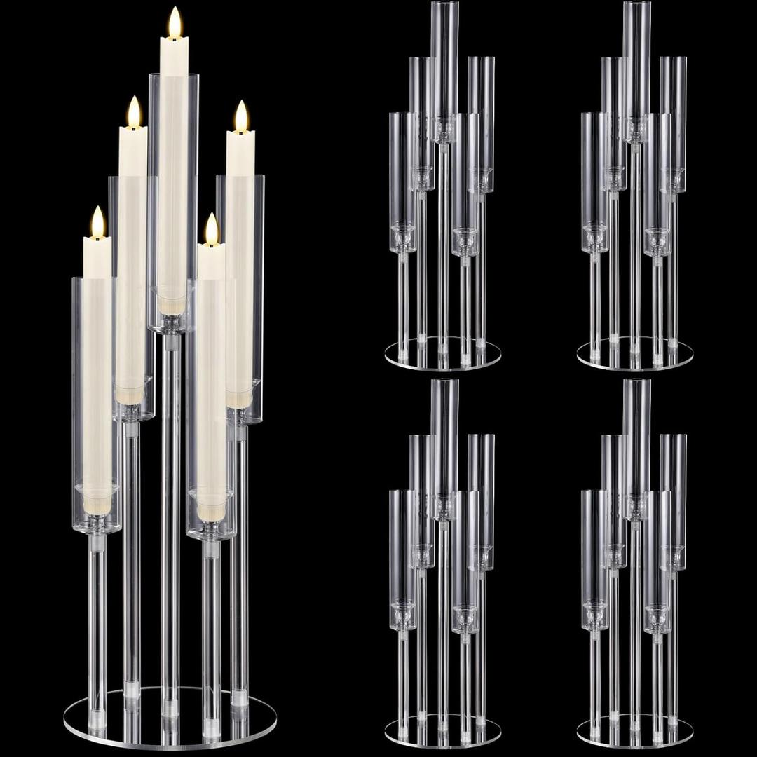 4 Pcs Candelabra Centerpieces for Tables, 5-Arm Crystal Clear Candle Holders with Shades and Round Bases, Pillar Taper Candlesticks for Party, Wedding, Candlelight Dinner, Fit 0.87" LED Candles
