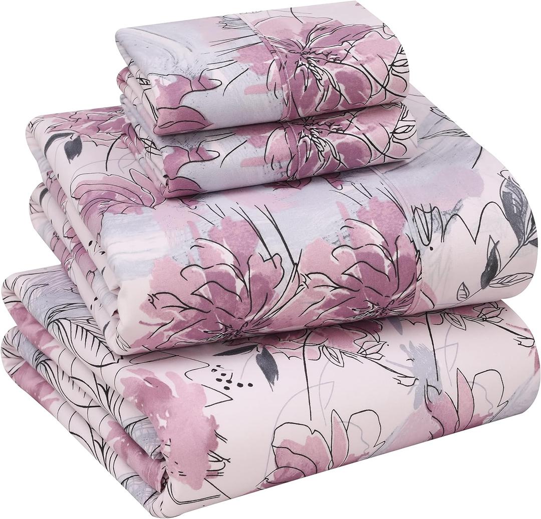 RUVANTI 100% Cotton Sheets  King Size Percale Bedding, Cooling & Breathable Floral Design, Durable with a Crisp, Soft & Comfortable Feel, 16" Deep Pocket, 4-Piece Set, Lilac Floral