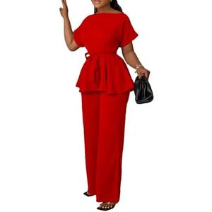 Ekaliy Women's 2 Piece Outfits Peplum Top and High Waisted Flared Pants Set Business Casual Elegant for Work Office Daily,Larg