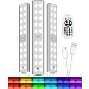 Under Cabinet Lights, Wireless Rechargeable LED RGB Under Counter Lights Bar 3 Packs 48 LED 15 Color Temps Dimmable with Remote Shelf Kitchen Closet Bedroom Lights