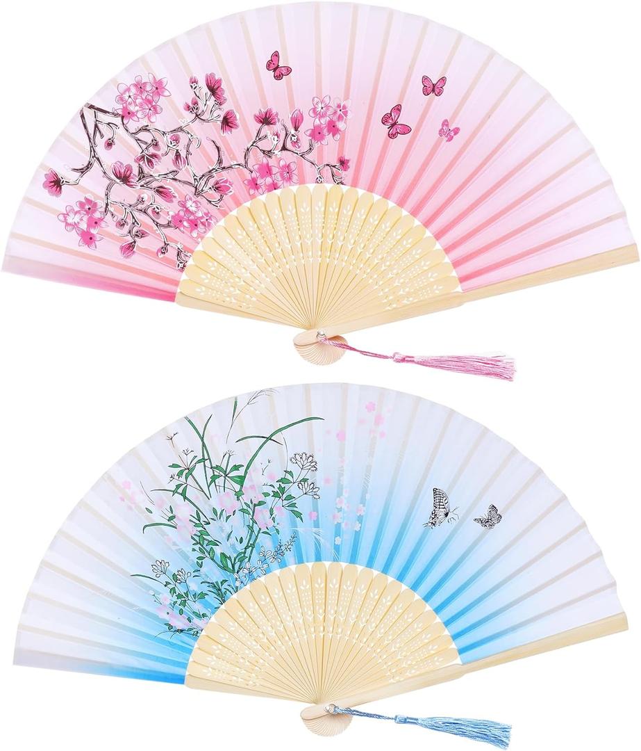 Bantoye 2 Pieces Handheld Fans Silk Folding Fans with Bamboo Frames for Dancing Cosplay Wedding Party Props Decoration, Pink Blue, Floral