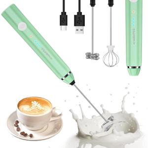 Philorn Milk Frother Wand Handheld Rechargeable Electric Whisk Coffee Drink Mixer, Mini Foamer for Lattes, Cappuccino, Frappe, Matcha, Hot Chocolate, Protein Powder, Keto Diet (Green 2 Heads)