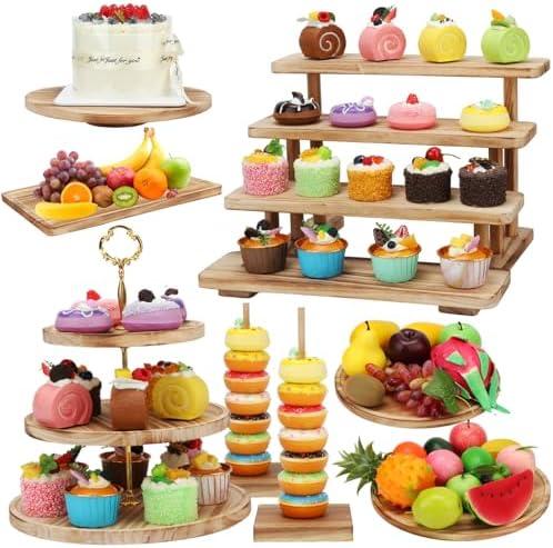 HEYTIMI 8 PCS Rustic Wooden Cake Stands Set Tiered Display Dessert Serving Tower Farmhouse Cupcakes Stand Set with Donut Trays for Weddings, Baby Showers Tea Parties